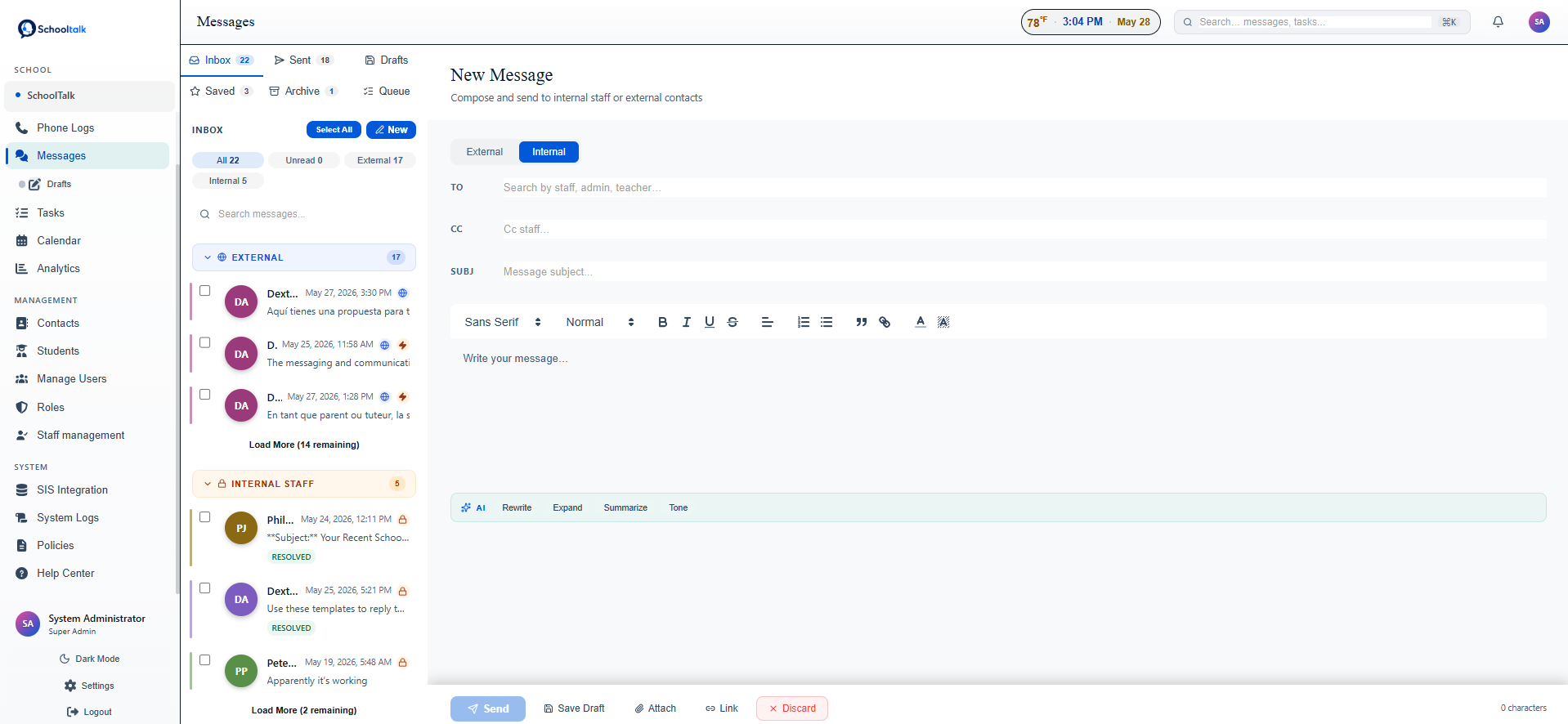 SchoolTalk Messages — composing a new internal or external message with AI rewrite, expand, summarize and tone tools