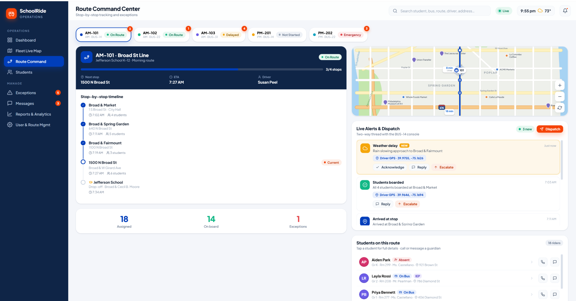 SchoolRide Route Command Center — stop-by-stop route tracking, live map, alerts & dispatch, and student roster